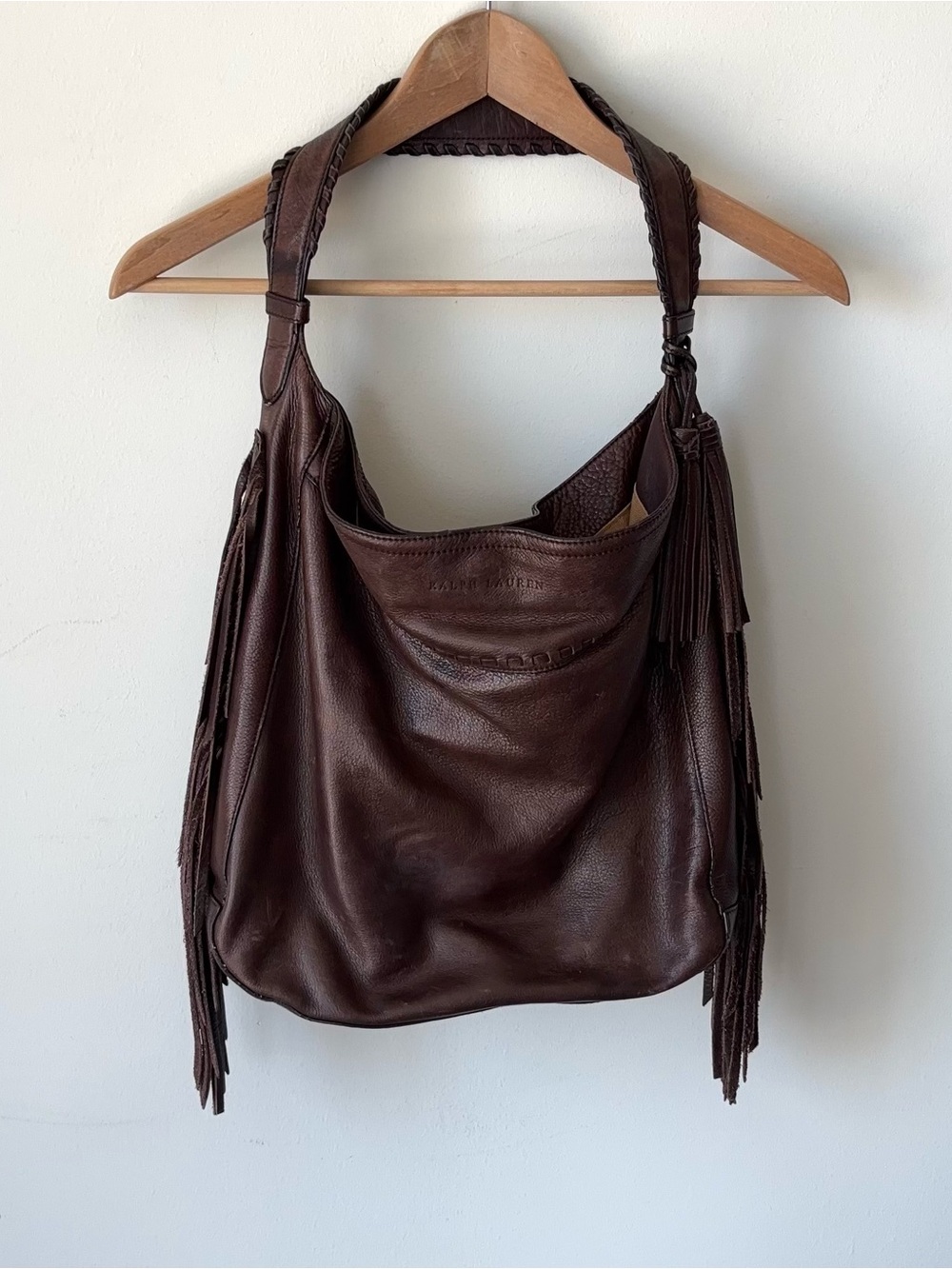 Ralph Lauren Collection Leather Fringe Shoulder Hobo Bag Dark Chocolate Brown